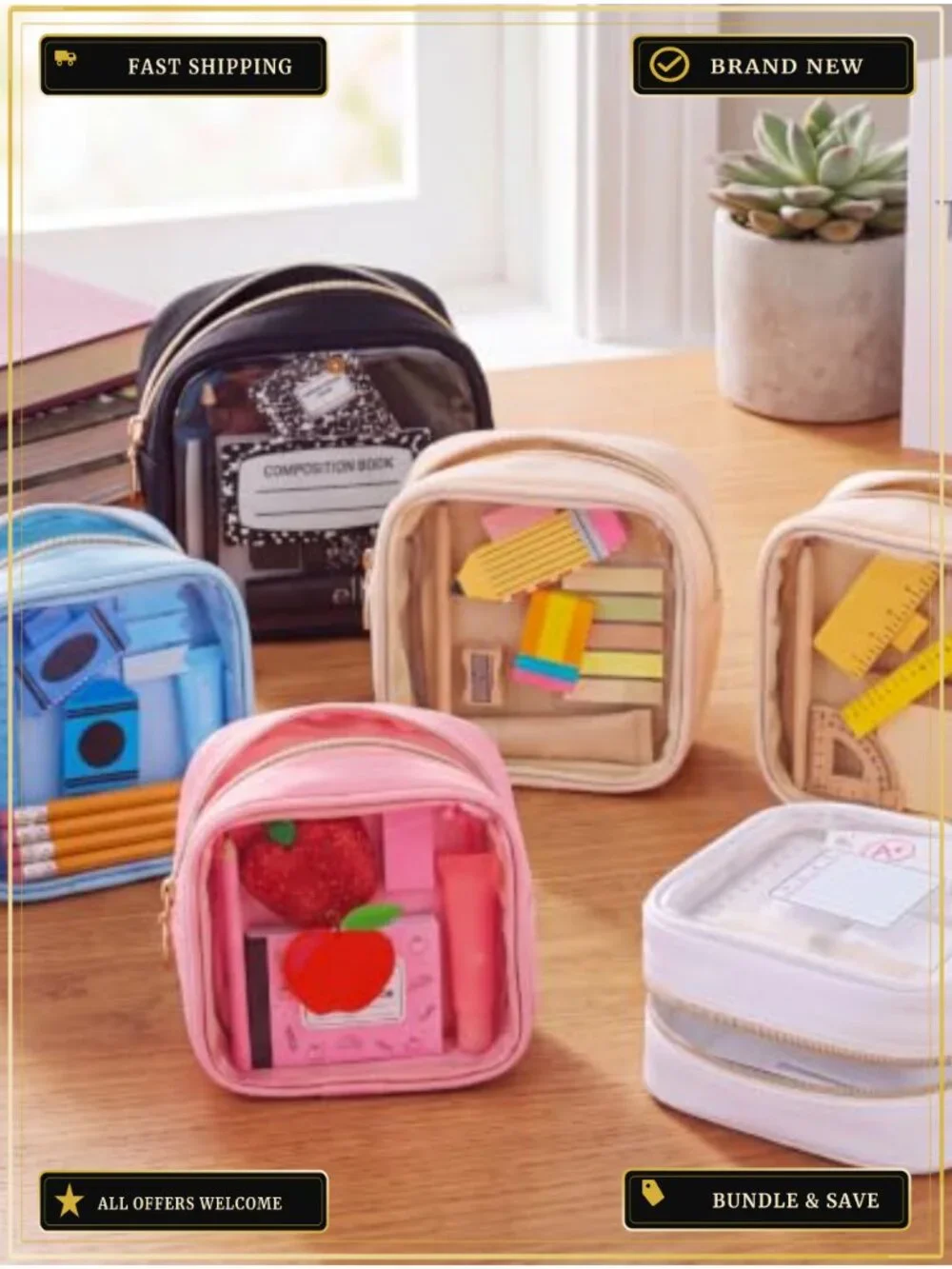 Set of 6 PVC Nylon Mini Makeup Bags with Gold Zippers, Portable Travel Cosmetic